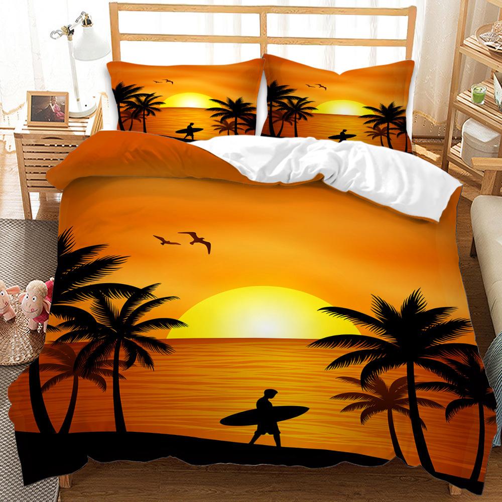 3D Digital Simple Cartoon Plant Quilt Cover Coconut Tree Print Three-Piece Digital Kit