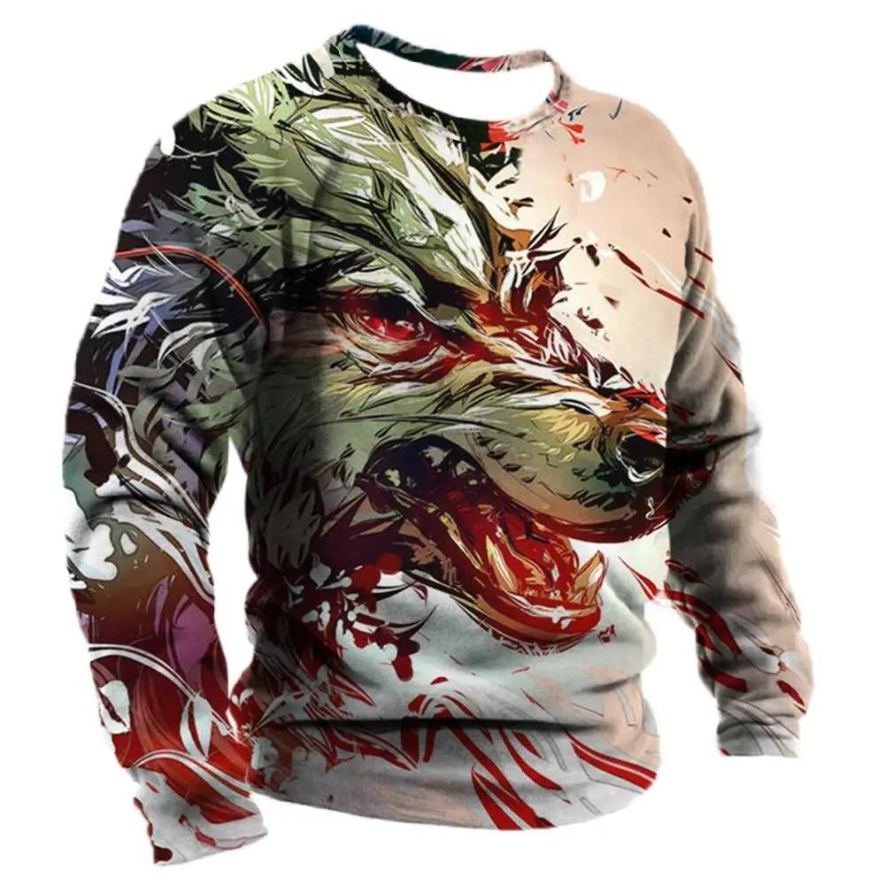 Men's Spring And Autumn Personality Retro Animal Wolf 3d Printed Round Neck Long Sleeve T-Shirt Casual Loose Breathable Jumper