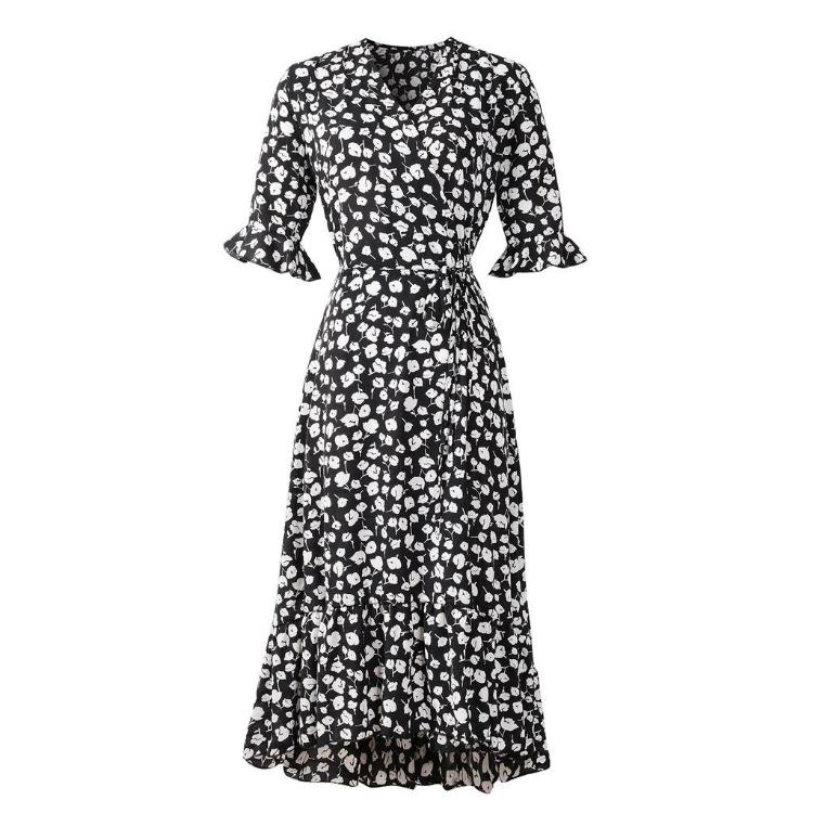 Summer Women Chiffon Wrap Dress V Neck Short Sleeve Long Print Dresses Ruffled Hem Sizes S XXL