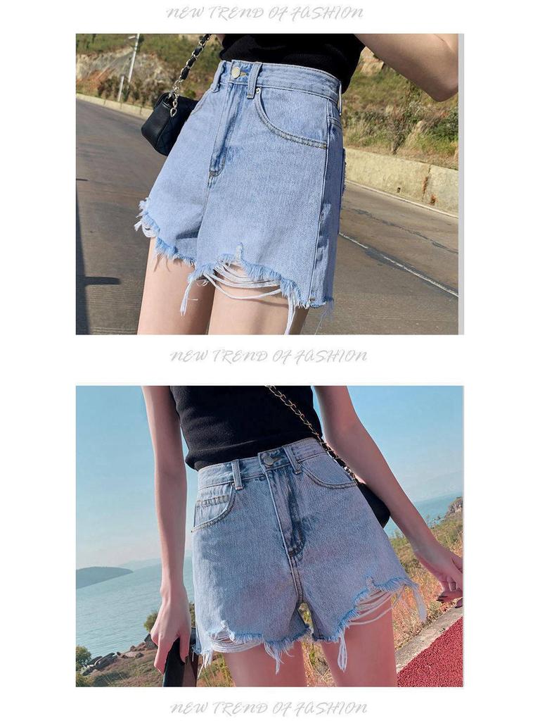 Women's High-Waisted Denim Shorts - Slimming, Versatile, Korean Style, Ripped, Loose, Wide-Leg, A-Line Hot Pants