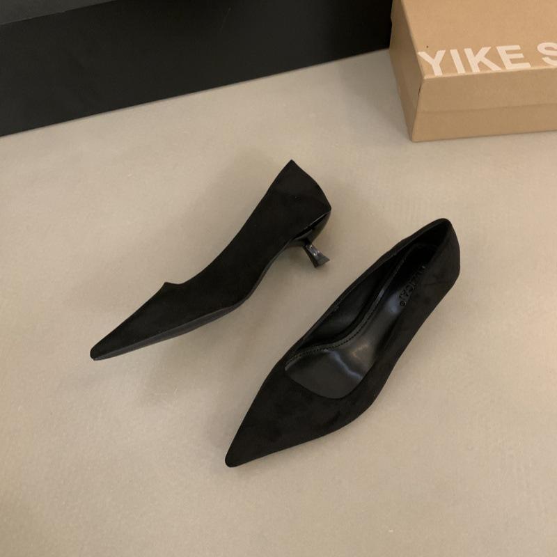 French Pointed Kitten and Black High Heels Women's 2025 New Spring and Autumn Fine Heel Suede Light Mouth Commuter Shoes