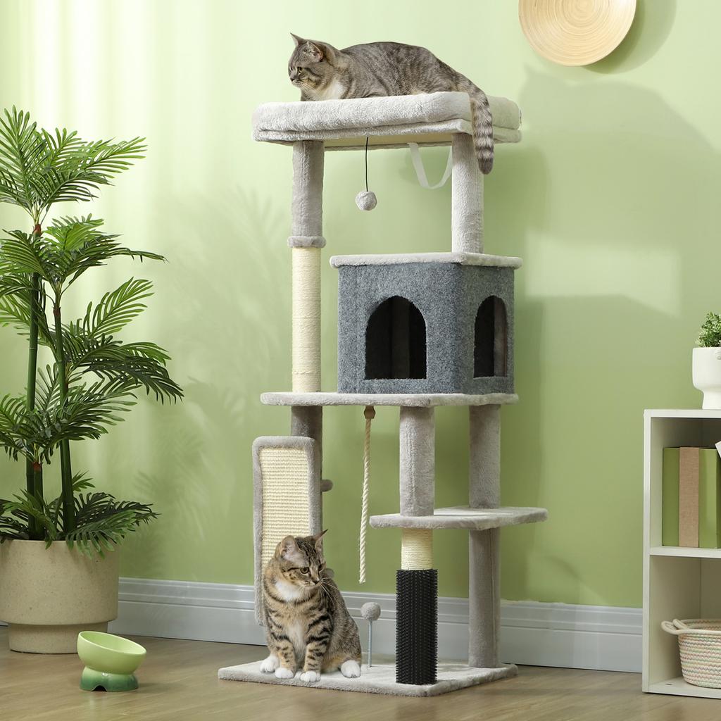 132cm Cat Tree W/ Scratching Posts, Pad, Cat Bed, Cat House, Jumping Platform, Grooming Brush, Anti-Tip Kit, Light Grey
