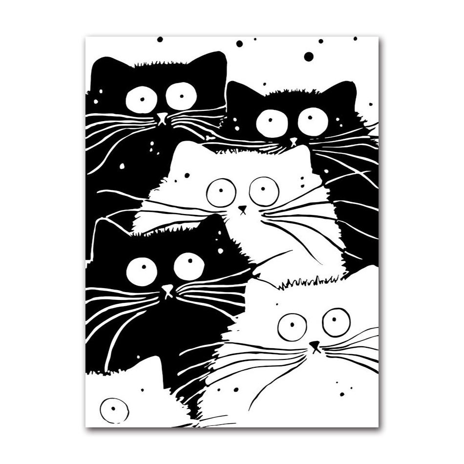 Schattige Zwart-Witte Kat Cartoon Dieren Minimalistische Muurkunst Print Canvas Schilderij Posters voor Woonkamer Moderne Huisdecoratie