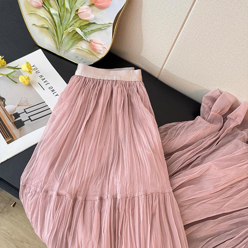 French Fairy-Tale High Waist Mesh Skirt - Women's Autumn 2025 A-Line Pleated Design