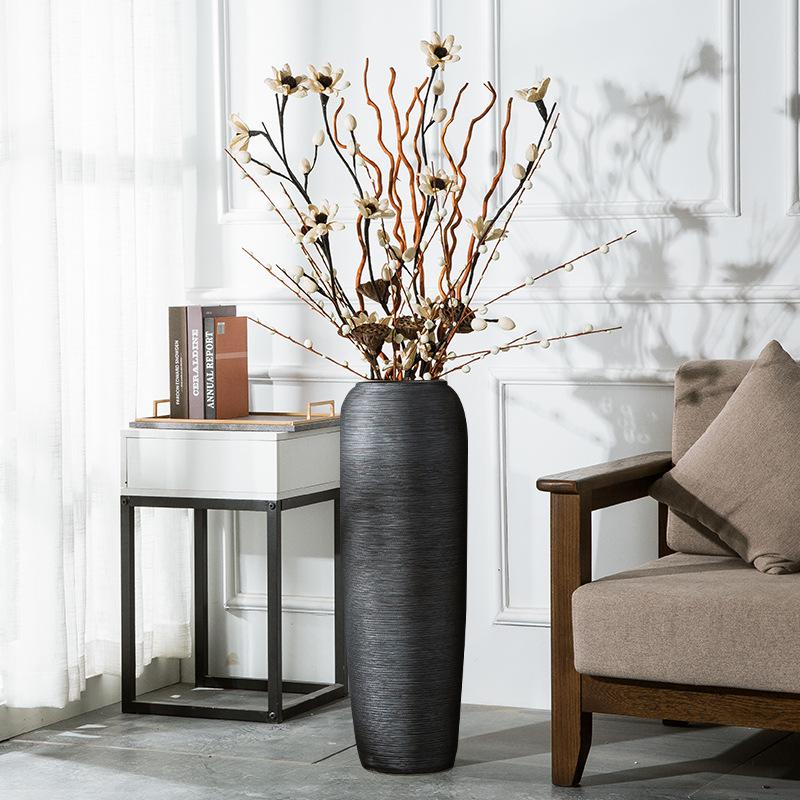 Black Zen-Style Ceramic Floor Vase for Dried Flowers - Retro Terracotta Ornament