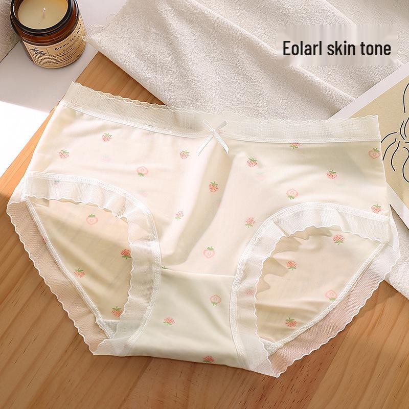 Sweet Strawberry Print Lace Trim Seamless Teen Girl Panties - Comfortable, Breathable, Mid-Waist Briefs
