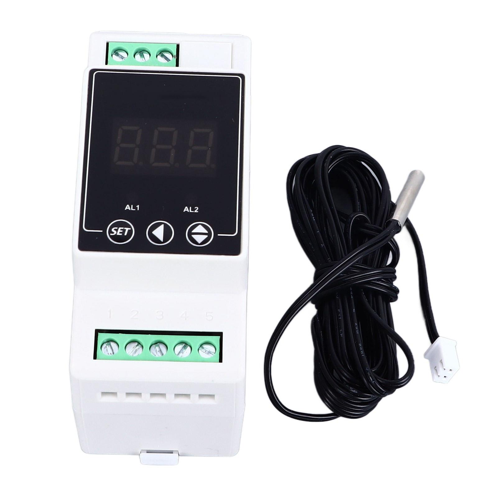 

Guide Rail Temperature Controller Heating Cooling Digital Thermostat 2 Relays Cylindrical Probe 2 Meter AC100-240V