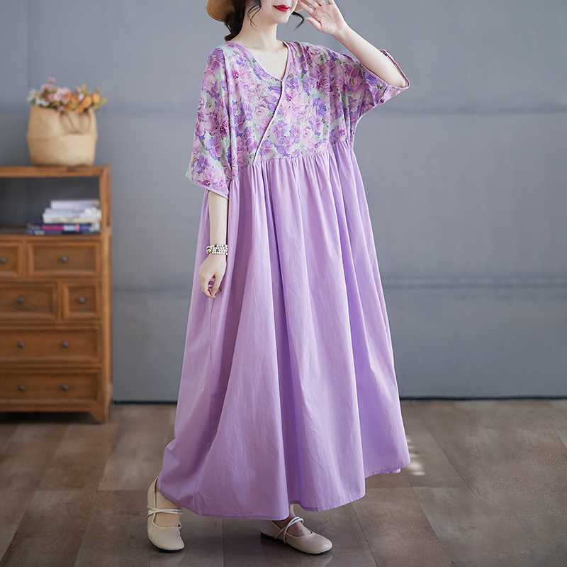 Cotton and Linen Summer Patchwork Retro Style Dress Long Skirt