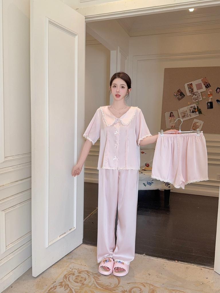 New French Ice Silk Pajamas for Women, Summer Short-Sleeve Lace Lace Fresh Girlish Solid Color Homewear Set