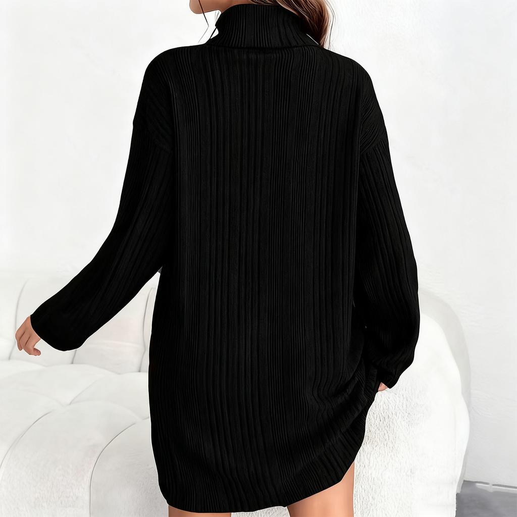 Women's Loose And Comfortable Warm Ribbed High-Neck And Long Sleeve Dress
