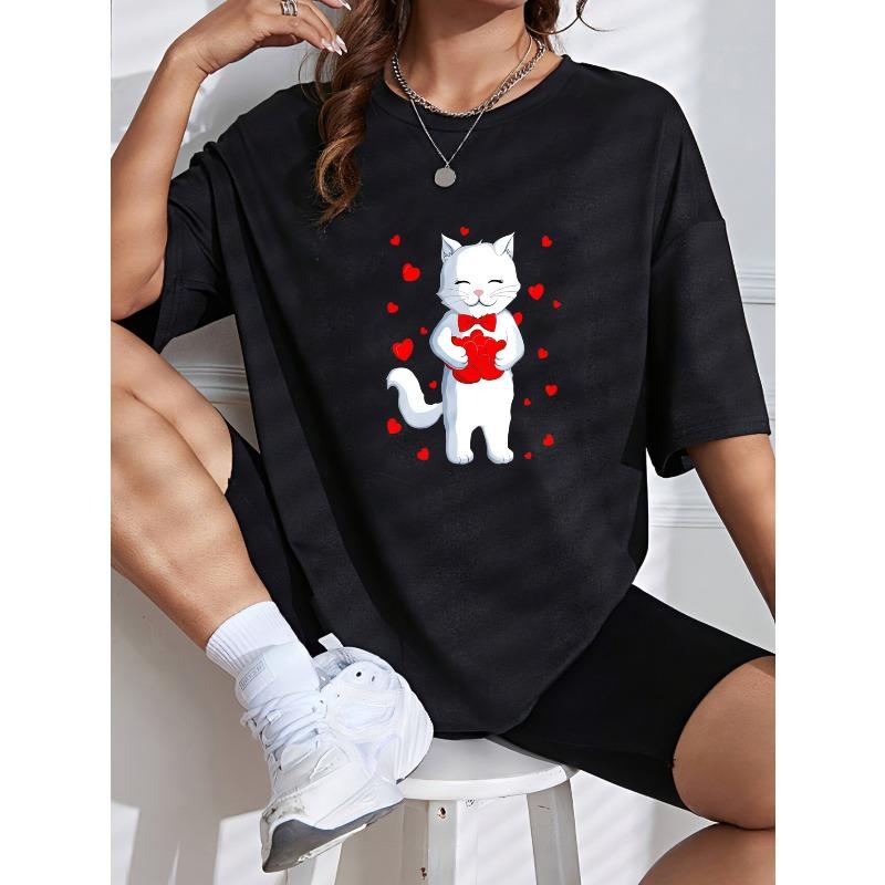 White T Shirt With Cute White Cat Holding Red Heart And Hearts Pattern For Valentine's Day And Casual Wear