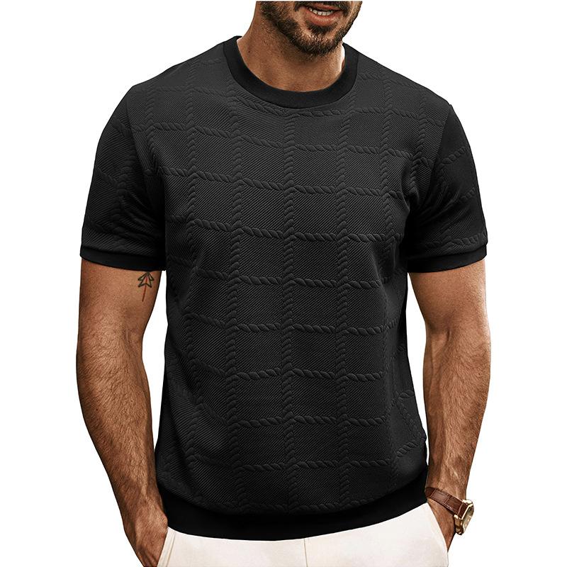Fashionable Men's Short-sleeved T-shirt Jacquard Sweater Round Neck Striped Solid Color Versatile Casual Pullover Top