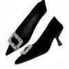 Temperament high heels black professional low heel 2025 spring and summer new pointed head shallow mouth square rhinestone thin heel single shoes gram