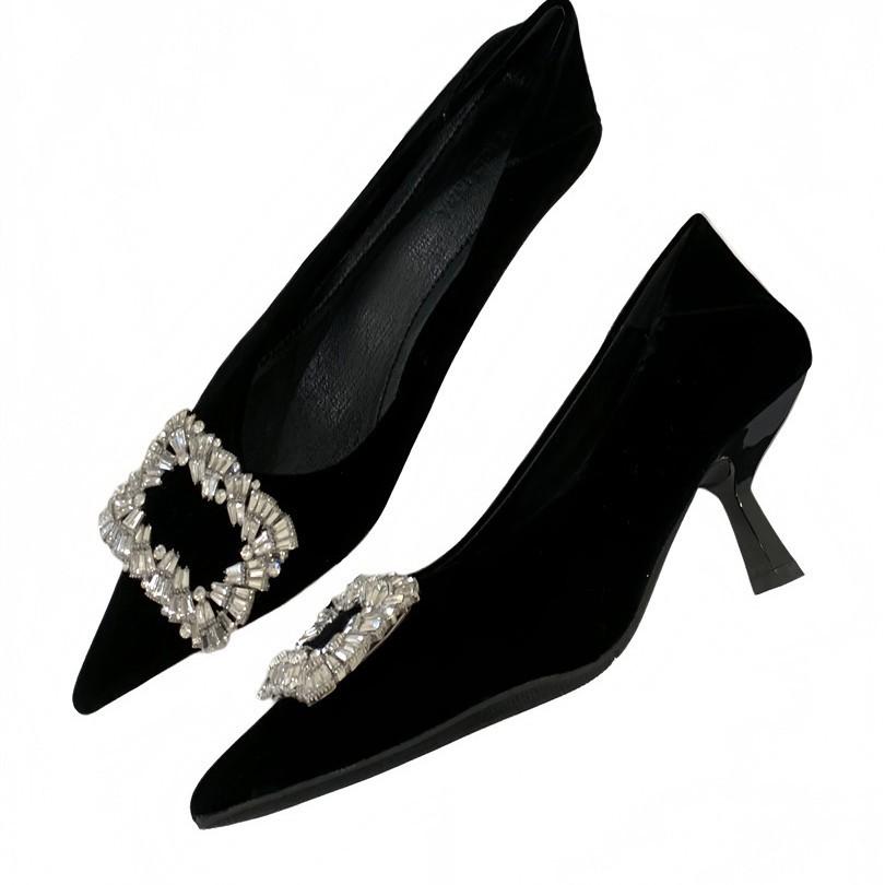 Temperament high heels black professional low heel 2025 spring and summer new pointed head shallow mouth square rhinestone thin heel single shoes gram