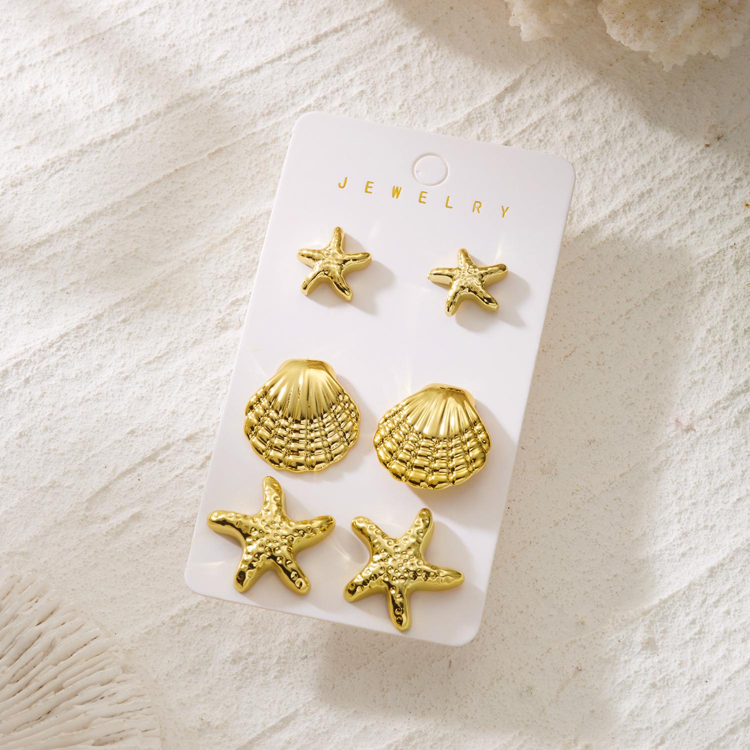 

6pcs Gold Color Starfish Shell Stud Earrings Set for Women Ocean Series CCB Metal Textured Earring Boho Beach Party Jewelry