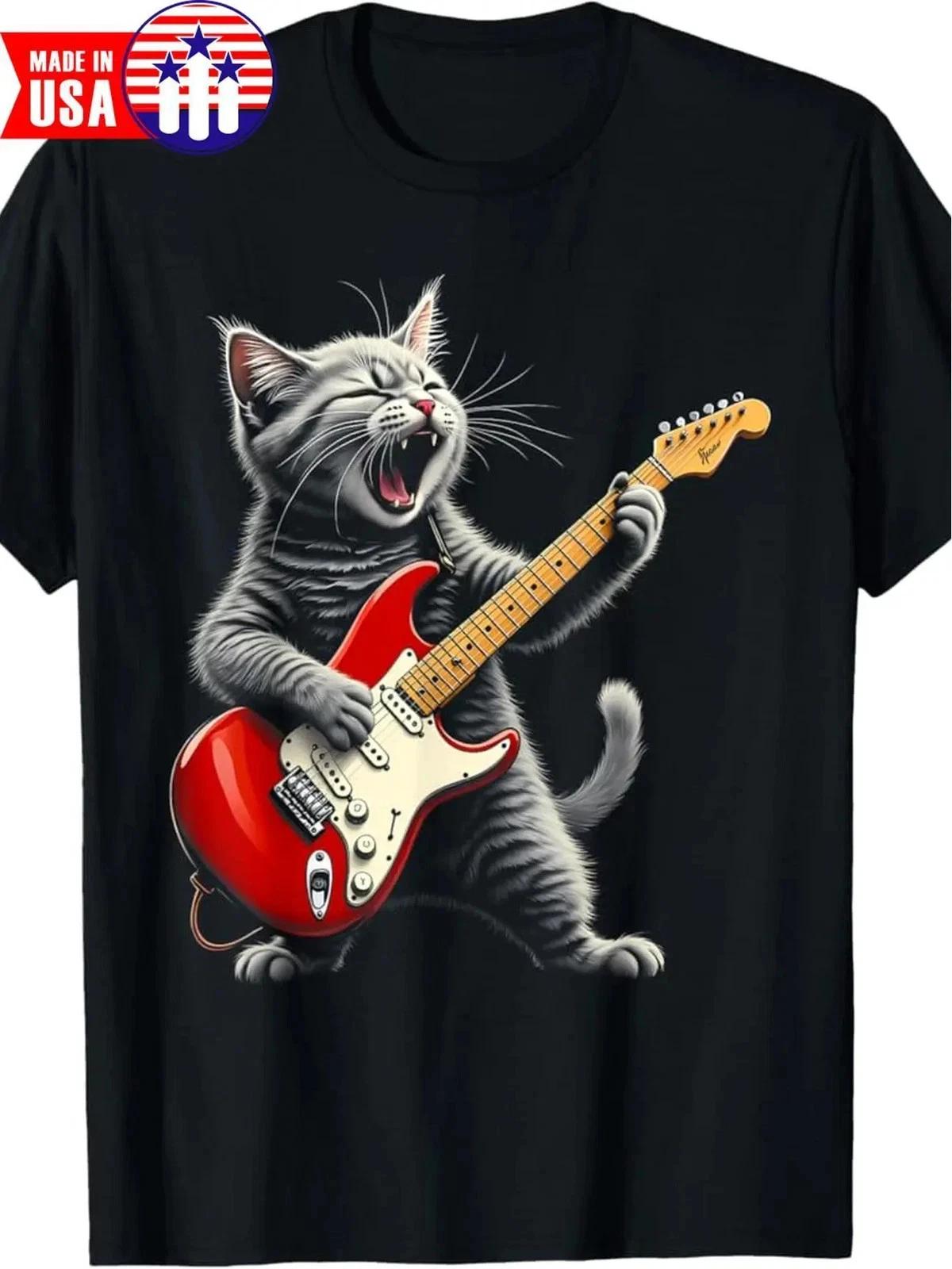 

Men s Retro Rock Star Cat Playing Guitar Graphic T shirt - Soft Cotton, Short Sl M
