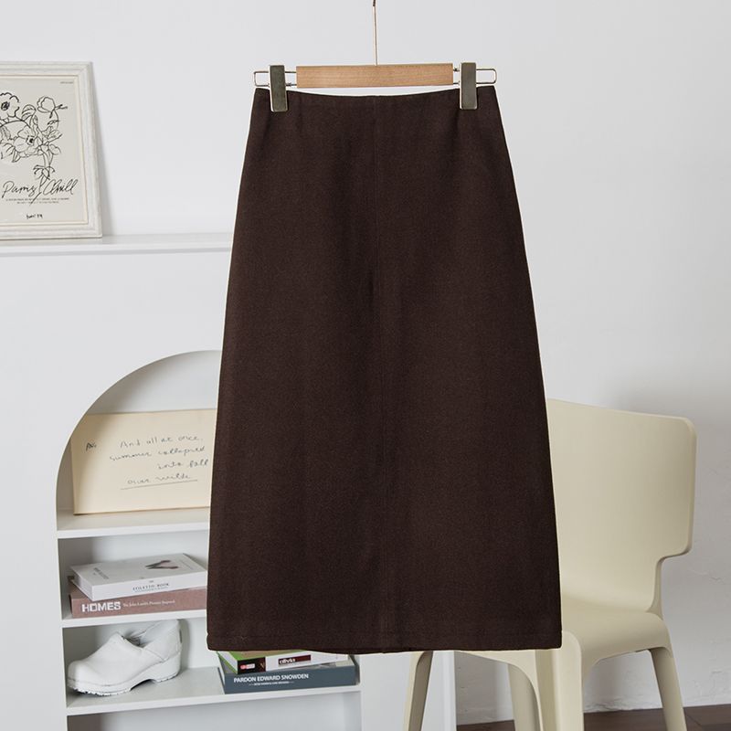 

[Korean-Style Goods] Sanding Woolen Feel ~ Good Style! Solid High Waist Skirt Women s Commuter Long dress Coffee M
