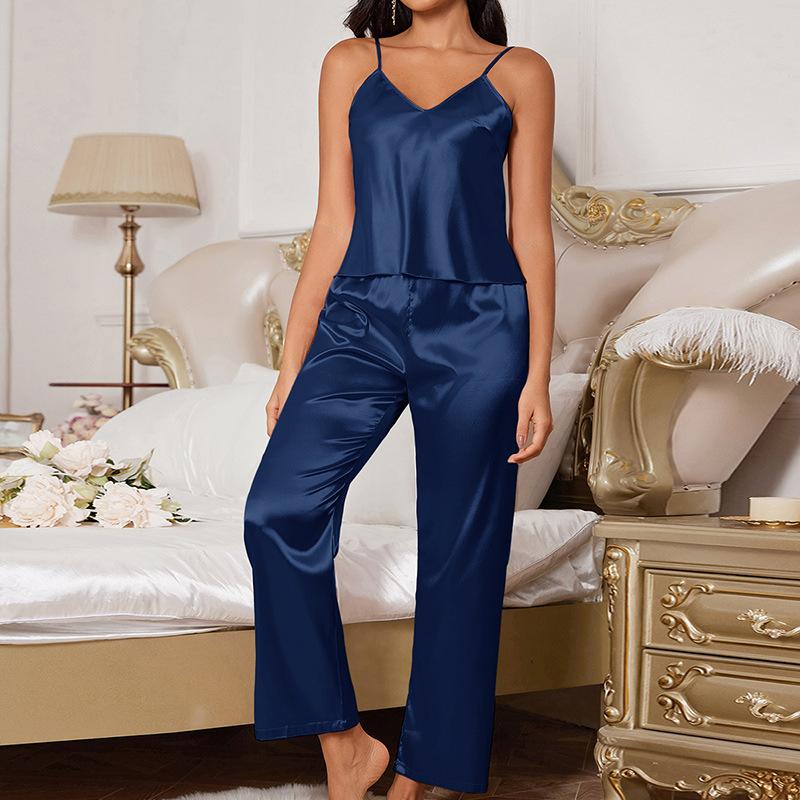 Autumn thin ice silk loungewear women's suspender trousers pajamas set casual simple loose sleeveless pajamas