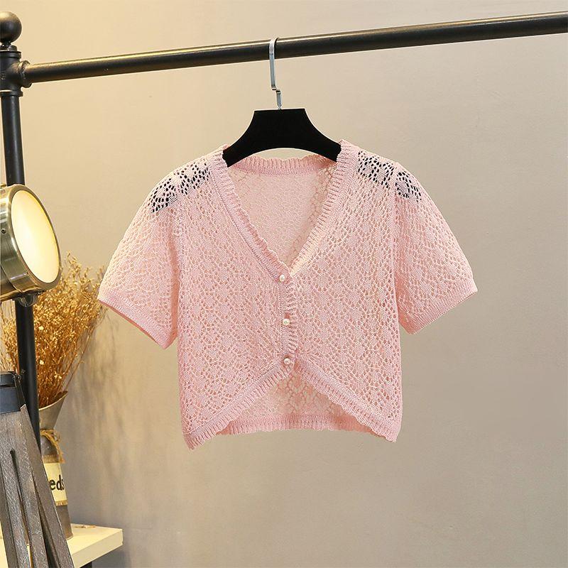 

Кардиган Приталенный Ледяной Шелк Вырез Юбка на Бретелях Вязаный Короткий Рукав Pink -8066 2XL