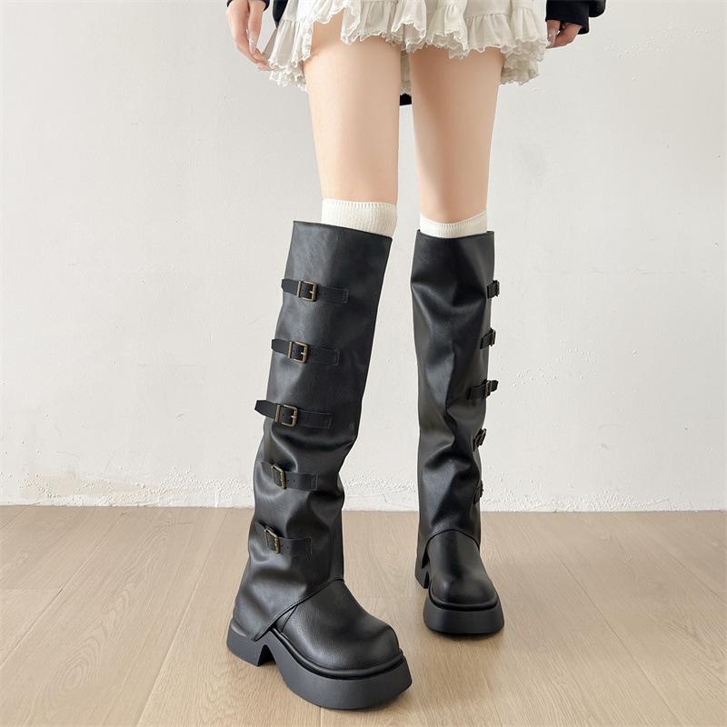Black British style but knee thick heel platform boots women's 2025 new autumn height-increasing and thin retro boots
