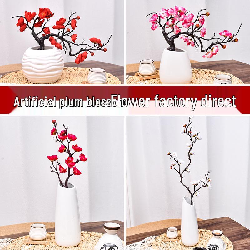 Artificial Plum and Peach Blossom Branch Ornament for Living Room - Dried Flowers Bonsai Arrangement In Pot for Indoor Winter Decoration