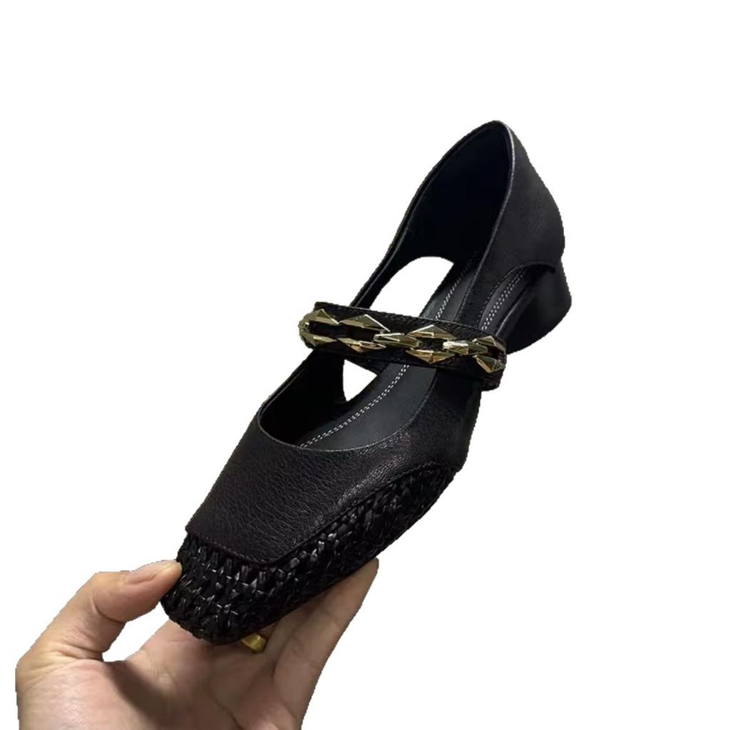 2025 new square head thick heel side empty sandals fashion versatile temperament simple hollow shallow mouth single shoes