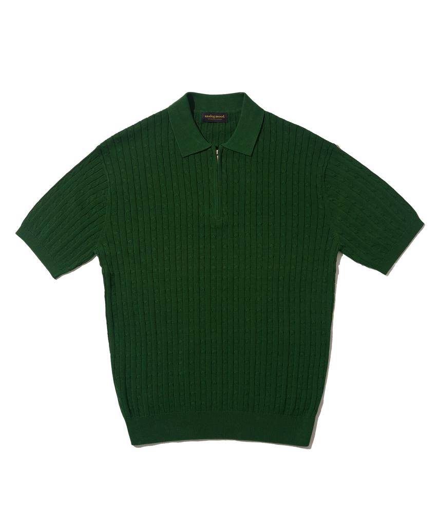 ANALOG MOOD Cable Half-Zip Collar Short-Sleeve Knit (Green)