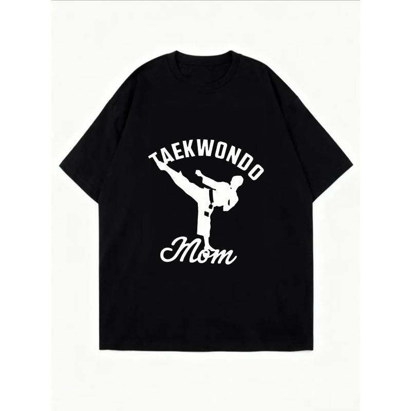 Vintage Black Oversized T-Shirt with Taekwondo Kick Silhouette Print – "TAEKWONDO Mom" Sports-Themed Top
