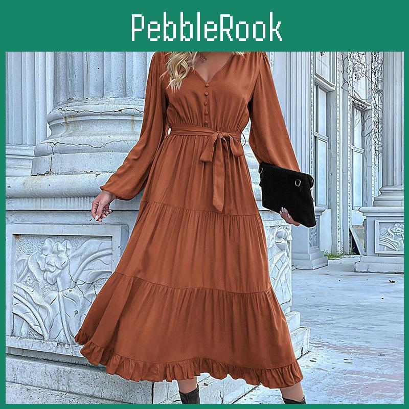 Yyfs Spring Summer Fashion Womens Solid Color Print Long Sleeve Vneck Casual Dresses