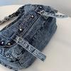 Denim Shoulder Bag With Studs And Love Buzz Print For Women