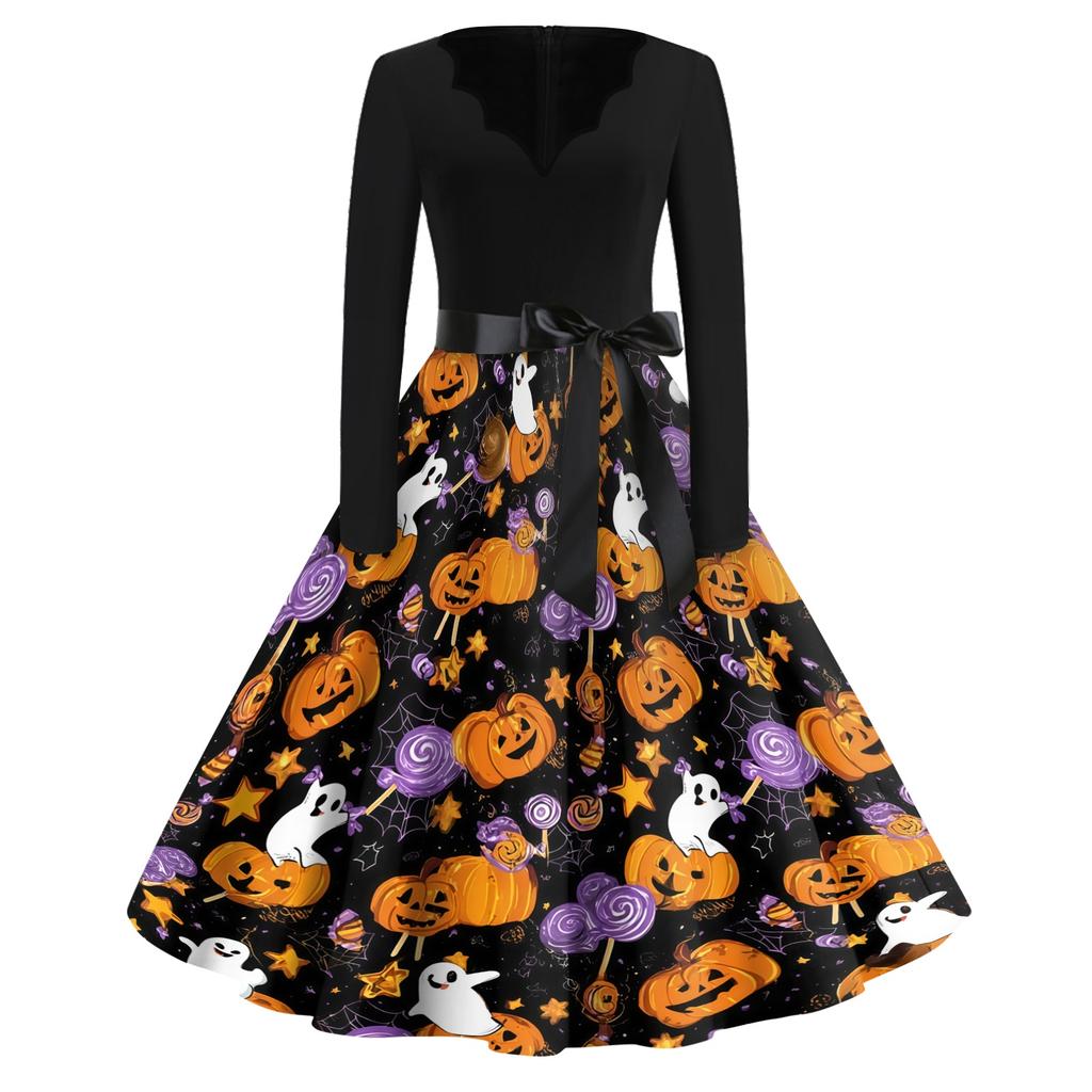 Womens Halloween Printed Size Dress Crew Neck Long Sleeve Vintage Swing Dress with Belt Pocket Free Design