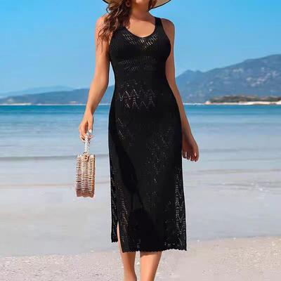 Vestido longo de malha feminino, sexy, vazado, praia, biquíni, saída de praia