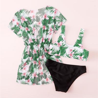 Tween Girls' Fashion 3 Pieces Swimwear Set Floral Printed Tank Top Solid Briefs Short Sleeves Lace Up Cover-Up Swimsuit Sun-protective Bathing Suit