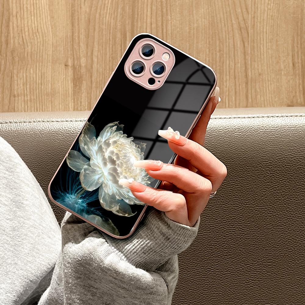 White Peony Flower Phone Case Metallic Lacquer Tempered Glass Shockproof Cover for iPhone Samsung Huawei Honor Xiaomi Redmi OPPO Realme OnePlus Vivo