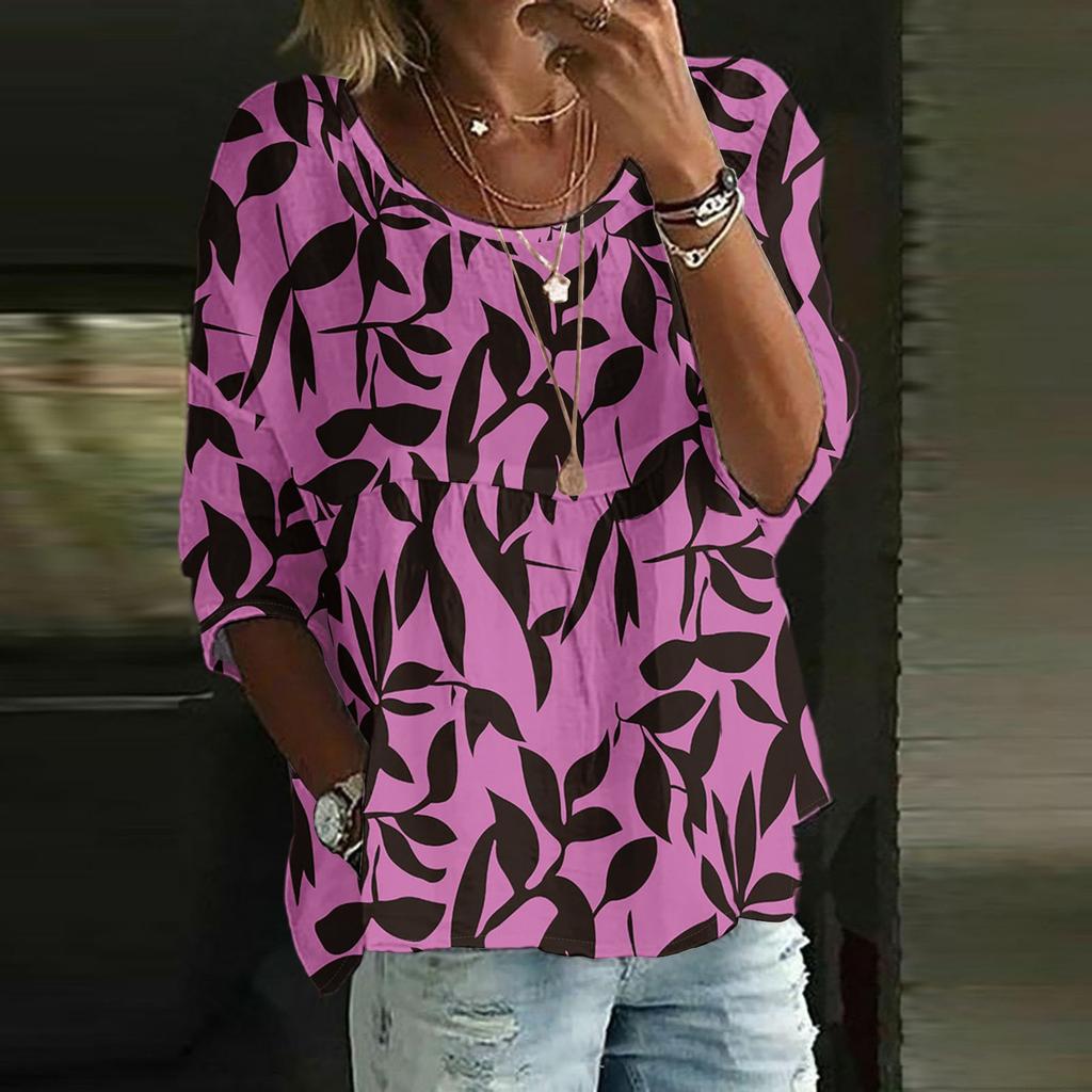 Dame Casual Mote Trekvartsermet Løs Rund Hals Blomsterprint Topp