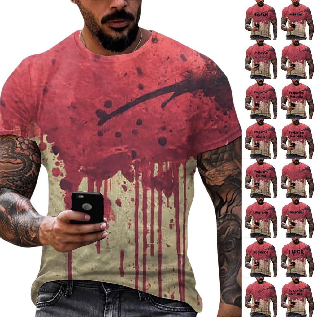 Pánské tričko s krátkým rukávem s potiskem Halloweenu, s kulatým výstřihem, bavlněného vzhledu