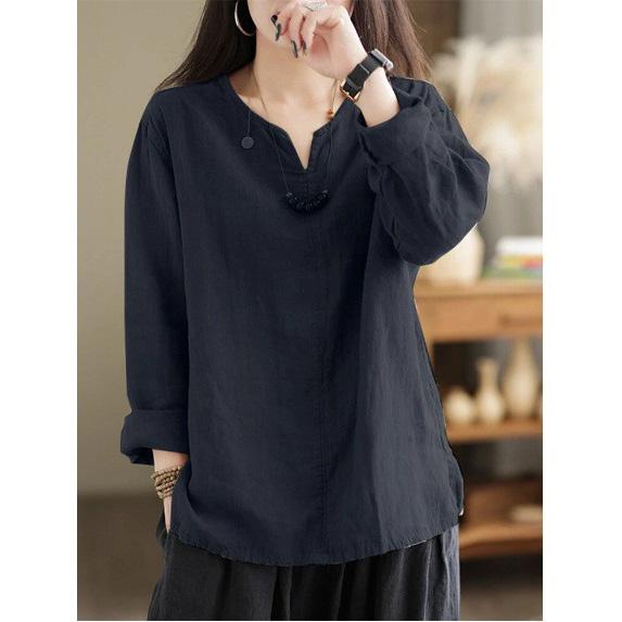 Autumn Women Vintage Cotton Blouse Fashion Solid Loose Shirt Work Tunic Blusas Mujer 2024 Female V Neck Long Sleeve Tops