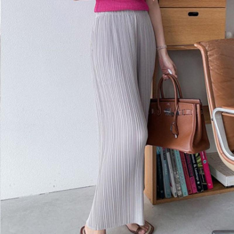 Shop   Women Matching Pleats Banding Wide Pants Charcoal Ble Wpt 3107