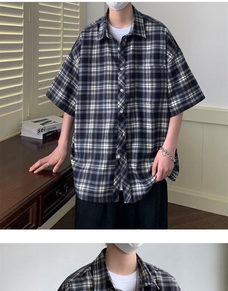 Men's Japanese Retro Plaid Five-Point Sleeve Shirt - American High Street Fashion