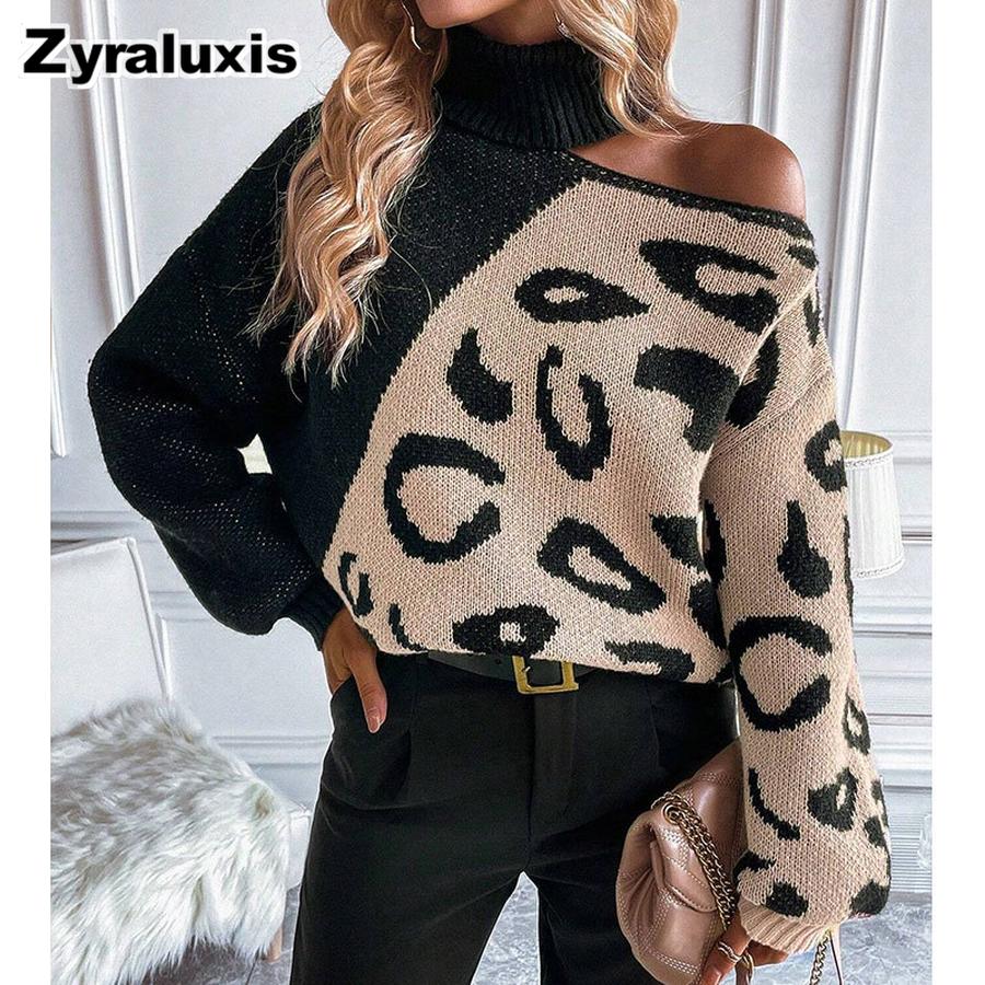 Autumn New Leopard Print High Neck Knit Sweater for Women S