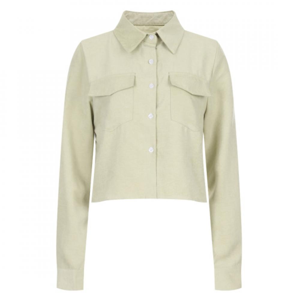 Shop   Women S Collared Pocket Daily Cropped blouSe Shirt Beige Naru Wbl 20356