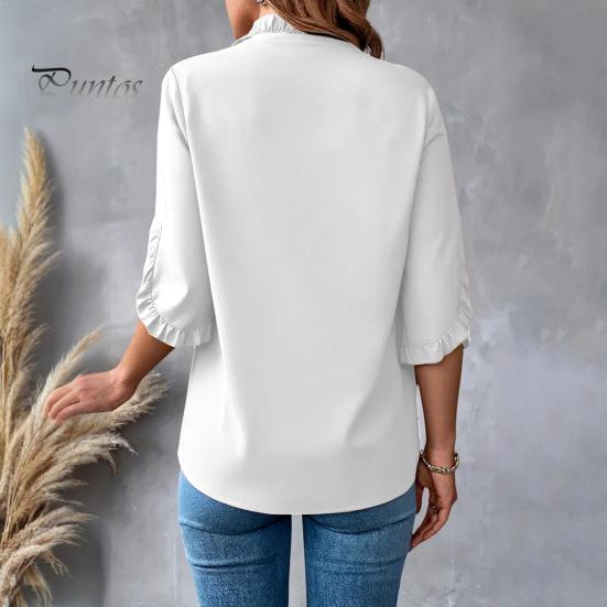 Damen T-Shirt V-Ausschnitt Rüschenbesatz Patchwork Blütenblattärmel Einfarbig Oberteile Lockerer Schnitt T-Shirt Lässig Büro Reisehemd