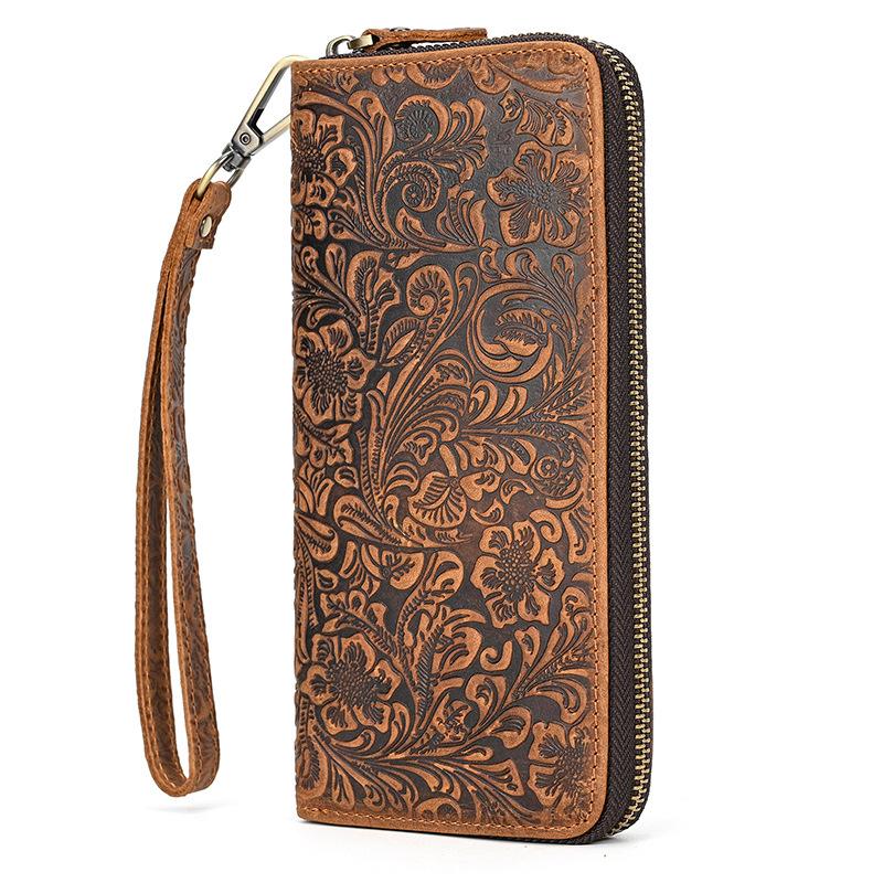 Leather Long Wallet Retro Embossed Zipper Wallet With Hand Strap Multi-Card Mobile Phone Change Bag Burst