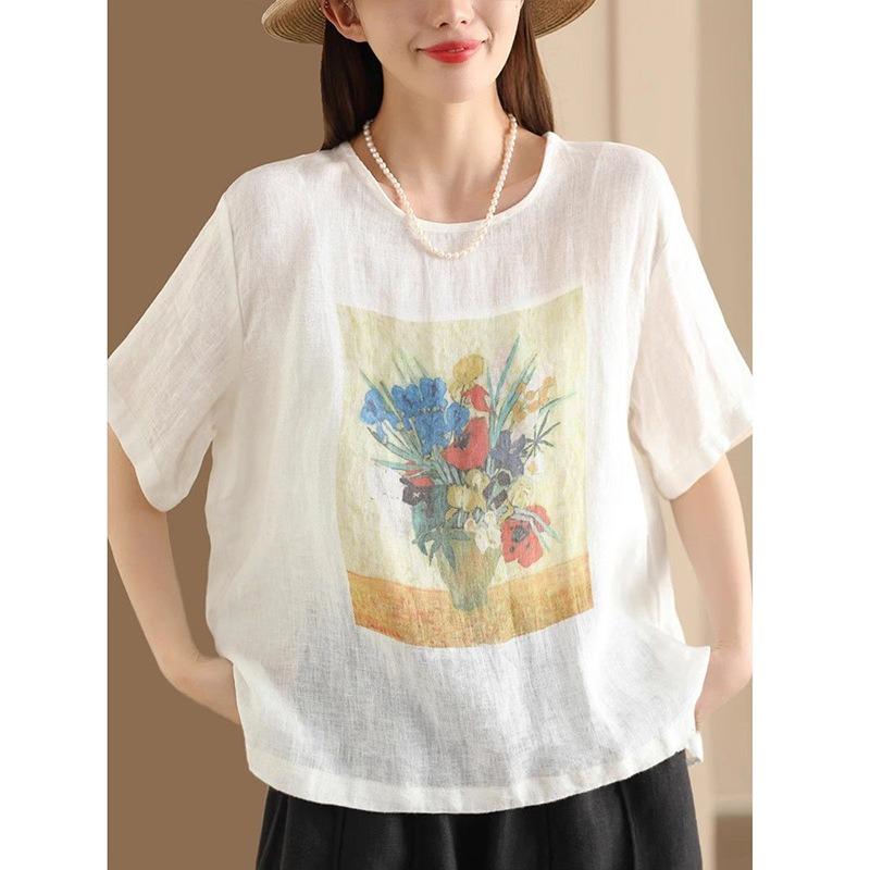 

Women Summer Round Neck Short Sleeve Floral Vase Print Linen Cotton Casual Blouse M білий