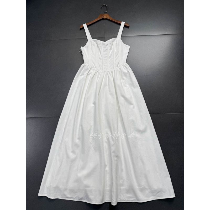 

Export Single French Style Retro Hepburn Style Retro Cotton and Linen Texture Fishbone A- line Wide Suspender Skirt White Dress XL