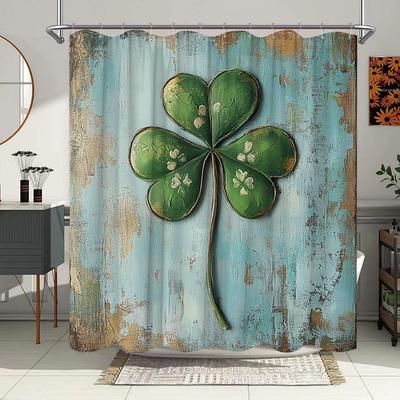 Rustic Four-Leaf Clover Shower Curtain - Hand-Painted Clovers, White Flowers, Distressed Turquoise, Vintage Style, Polyester