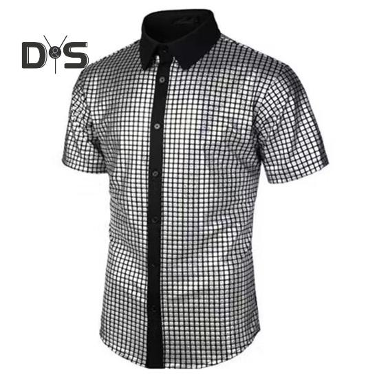 

Мужская клубная рубашка, мужской костюм в стиле диско 70-х годов, винтажная рубашка с отложным воротником и светоотражающими блестящими пайетками, с коротким рукавом и застежкой на пуговицы XL серый