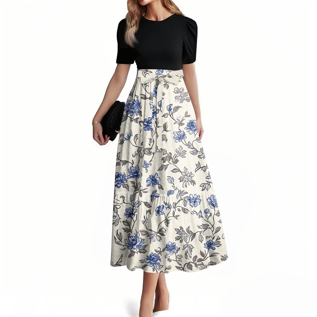 Dame Mote Casual Belte Kortermet Rund Hals Søm Elegant Temperament Kjole