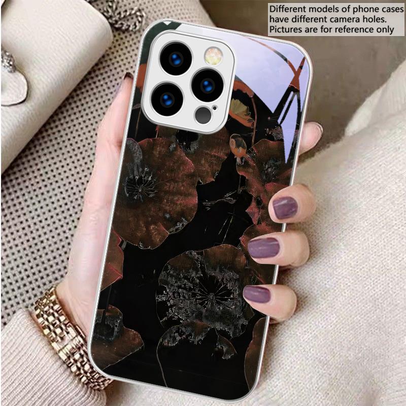 Light luxury lotus leaf For iPhone 16 E 15 14 13 Plus 12 mini 11 Pro Max XR Xs Max X 7 8 P lus 6 6S 22 Tempered Glass Phone Case
