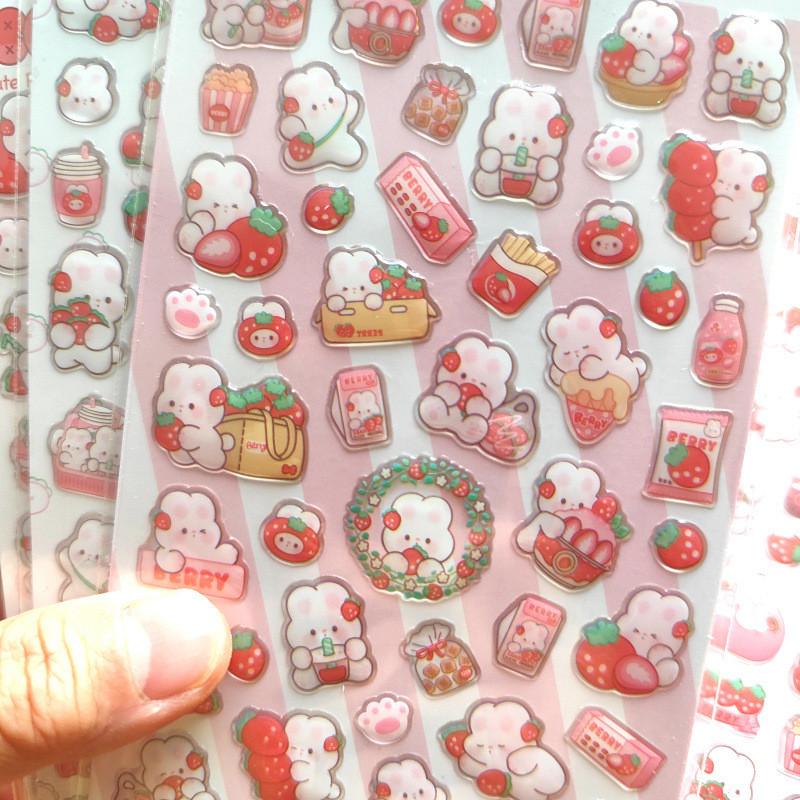 4 Pcs Strawberry Rabbit Pink Crystal Epoxy Kids' Cartoon Decorative Stickers Perfect for Scrapbook BulingBulingStickers Store